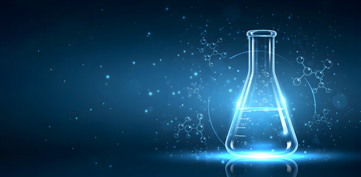 Glowing laboratory Erlenmeyer flask with chemical liquid surrounded by molecular structures indicating science and biotechnology