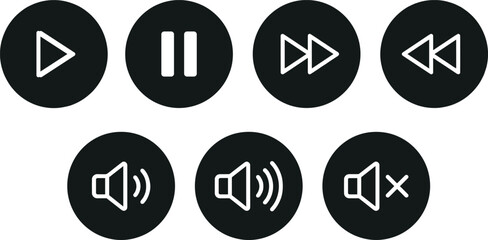 Fototapeta premium Set of professional media player buttons and audio control icons featuring play pause fast forward and volume symbolsSet of professional media player buttons and audio control icons featuring play