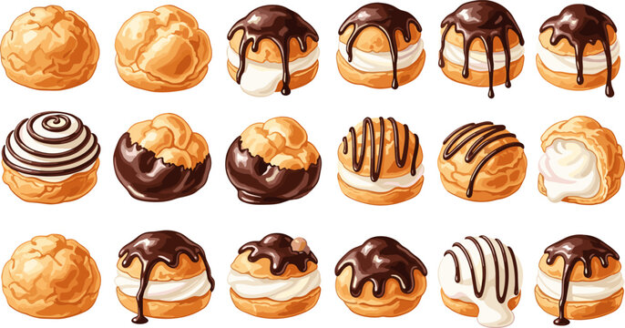 Cream puff dessert vector illustration set featuring profiteroles with chocolate glaze caramel topping and whipped cream filling in delicious flat style isolated