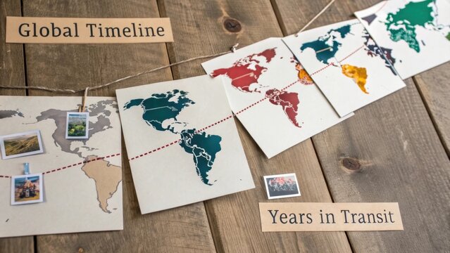 World Map Timeline Progression on Wooden Surface