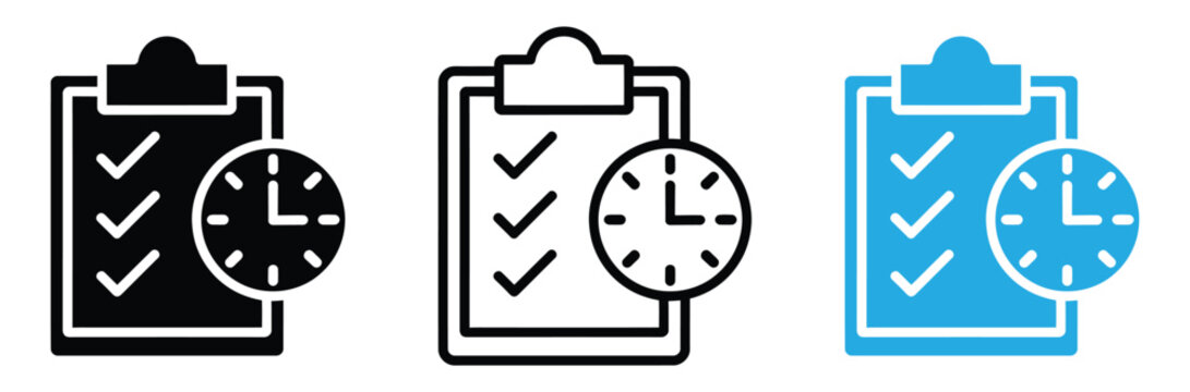 Clipboard with checkmarks and clock icons in black, White, And blue for time management and task completion