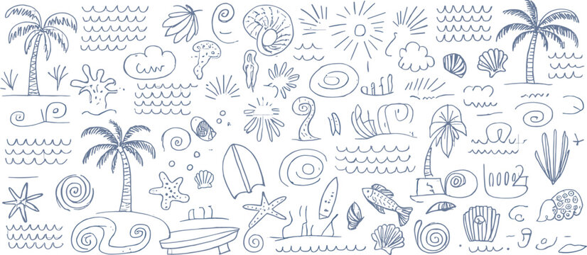 Blue doodle of beach and ocean on white background palm tree surfboard