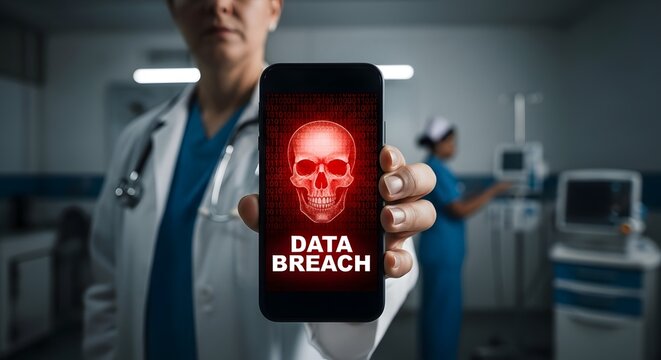 Data breach concept on a phone in medical environment.