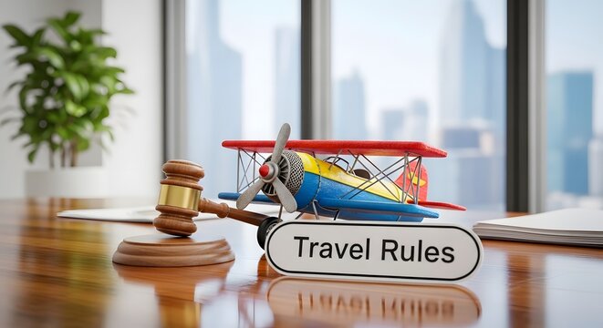 Travel rules concept with gavel and toy airplane for travel regulations.