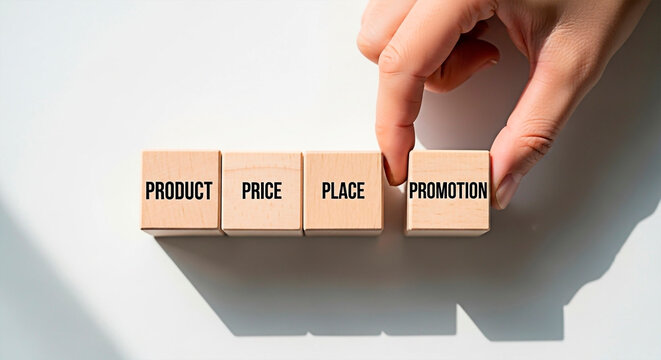 Marketing concept using building blocks for product, price, place and promotion.