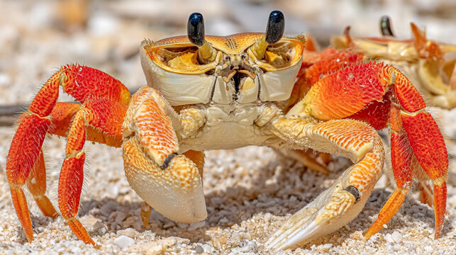 Colorful ghost crab with stalked eyes standing on white sandy beach crustacean wildlife tropical