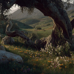 Fototapeta premium Ancient twisted oak tree in a sun-drenched meadow with wildflowers and rolling hills