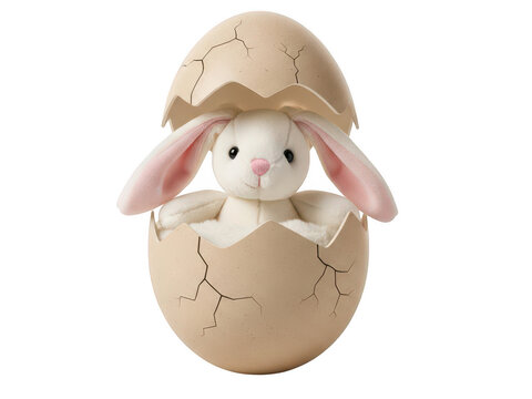 A charming plush toy depicting a rabbit emerging from a cracked egg shell.