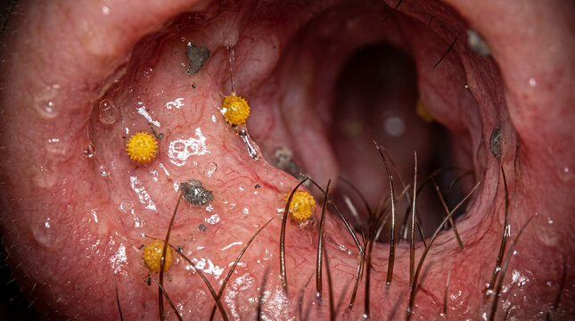 Hidden world inside a human nostril showcasing vibrant yellow pollen and fine dust trapped by protective hairs and sticky mucus
