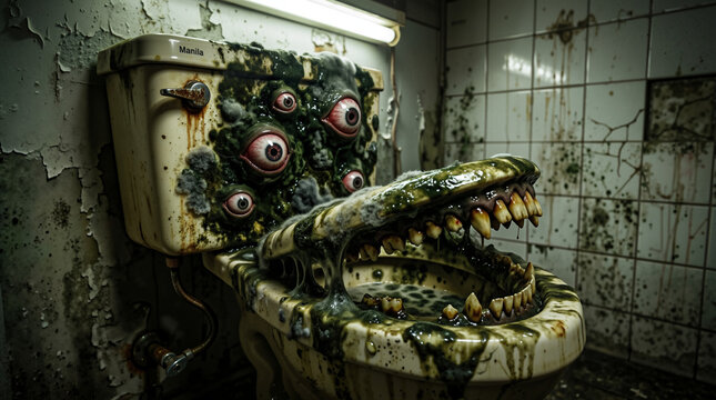 A sentient toilet-mimic, dripping with mossy rot and bloodshot eyes, gapes its jagged maw. It is a visual metaphor for the ultimate violation of privacy and the lurking dangers in the mundane.