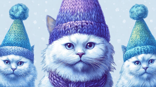 Three fluffy white cats wearing purple and blue winter hats and scarves in a snowy scene