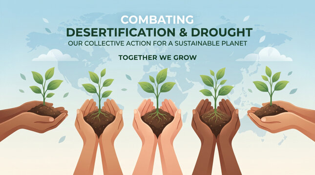Combating desertification and drought with hands holding plants showing sustainability action and environmental care concept for global awareness campaign design