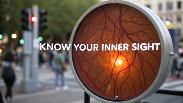 Close-up of human retina scan with 'Know Your Inner Sight' text