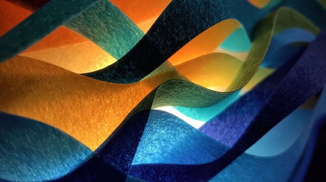 Colorful wavy paper strips flow in layered, translucent curves with vivid gradients and textured detail, creating dynamic light and shadow, depth, and organic motion design