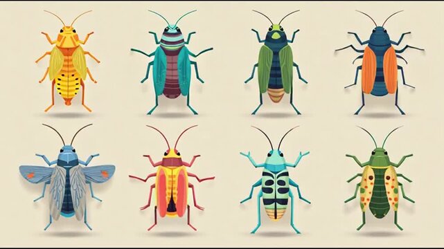 Collection of eight colorful cartoon crickets and beetles with intricate patterns and vibrant colors displayed in a grid