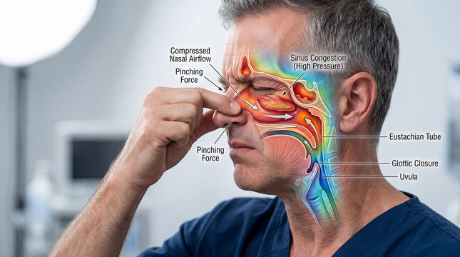 Relieving ear and sinus pressure, a man performs the Valsalva maneuver with detailed anatomical insights