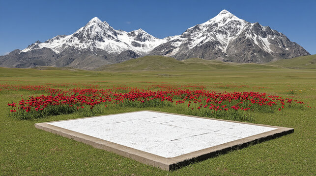 Blank white square display platform in a scenic mountain meadow with wildflowers platform altitude
