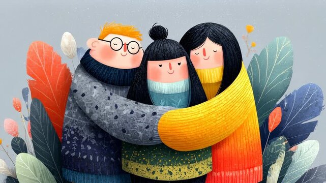 Warm embrace of family unity: cozy moments with fuzzy characters in animated hug