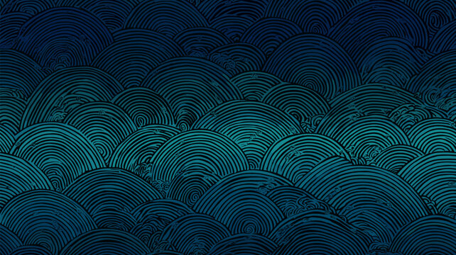 Abstract design showing stylized ocean waves or contour lines creating a gradient pattern. Teal and navy blue wave topography seamless pattern