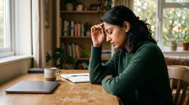 A young woman sits at a wooden desk, head in hand, looking stressed and overwhelmed while working or studying.