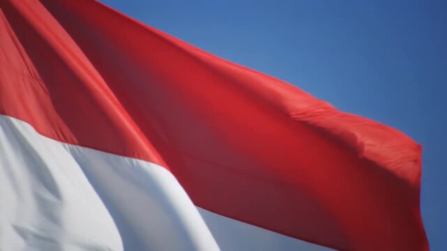 Close-up commercial motion graphic template framing the realistic satin texture of the Indonesian national flag waving horizontally in a digital wind tunnel.