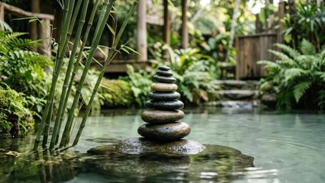 Zen stones stacked with bamboo in calm water, spa wellness scene for relaxation, mindfulness and self-care branding, balanced harmony, gentle ripples, soft natural light, realistic textures, tranquil