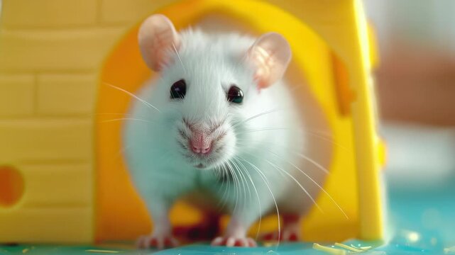 A small brown mouse standing on the rim of a playhouse toy with yellow bricks and blue roof.