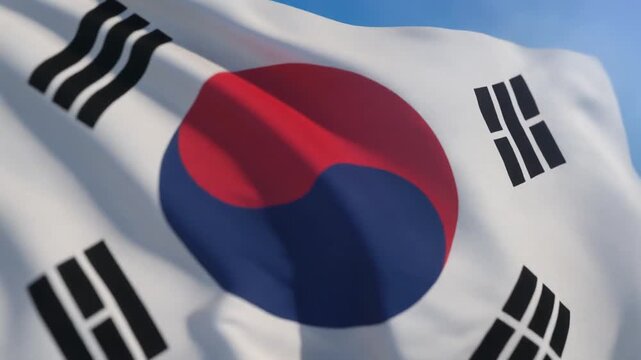 AI-generated high-quality close-up of the national flag of South Korea (Taegeukgi) waving majestically against a bright blue sky.