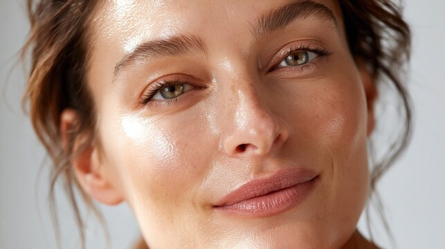 Young woman with natural, radiant skin highlighting wellness, beauty, and healthy lifestyle, feeling refreshed with dewy complexion, skincare routine results