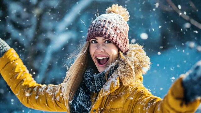 Smiling woman with snow on her jacket and hat, dancing and laughing in a winter storm. Joyful expression, blonde hair, and warm clothing.