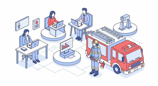 Emergency response dispatch team with firefighter fire truck and office workers using laptops for managing public safety operations