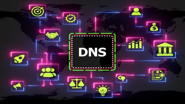 Digital dns network animation with glowing icons.
