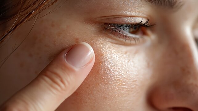 Woman gently touching her face, examining sunspots, blemishes, and hyperpigmentation on her facial skin, highlighting concerns about skin health and beauty