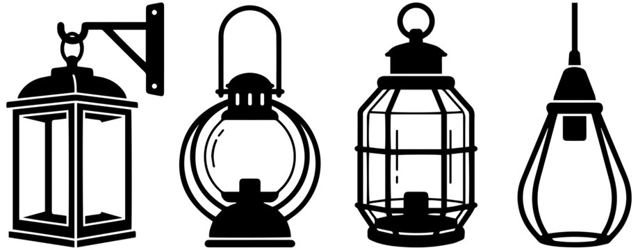 Collection of four stylized black silhouette illustrations of lanterns for design purposes.