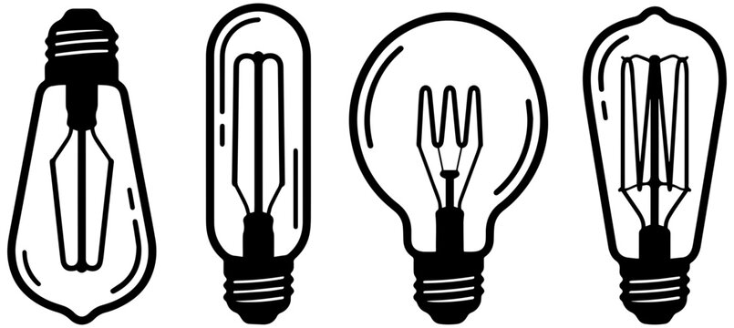 A collection of four distinct vintage Edison light bulb outlines in a simple black and white line art style.
