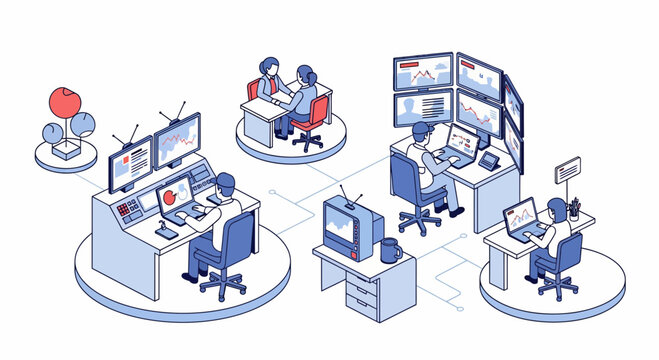 Modern isometric security surveillance control room with operators monitoring digital data analytics on multiple computer screens and network servers