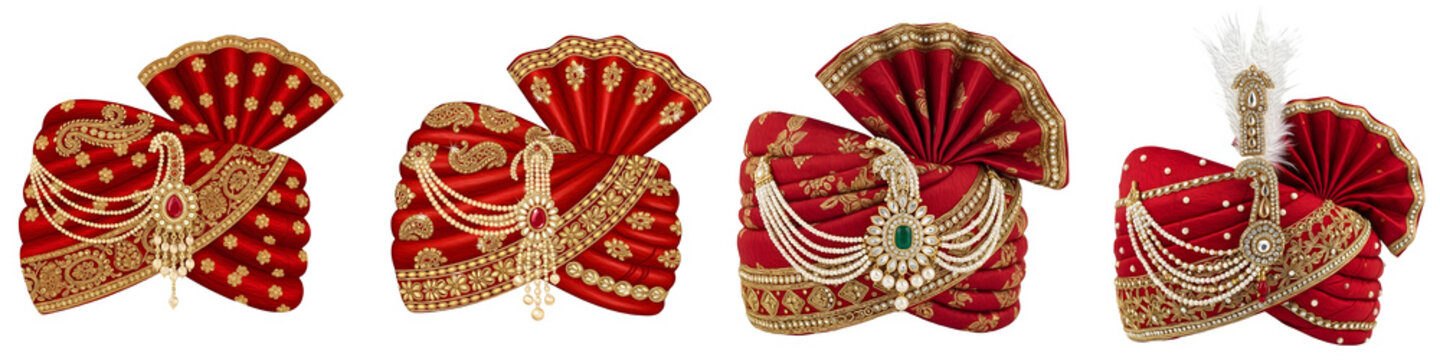 Collection of traditional Indian groom turbans, known as Safa or Pagri, featuring ornate red velvet, embroidery, and decorative jewels isolated on white background.