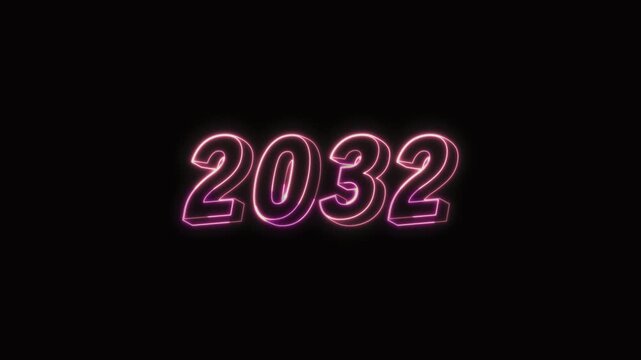  2032 New Year Text Neon Seamless Loop 4K Glowing Typography Animation for VFX and Video Editing