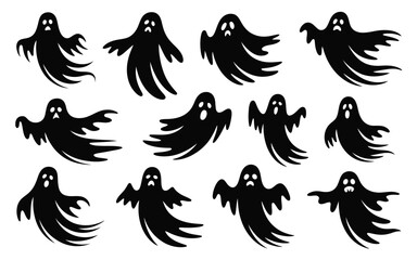 Fototapeta premium Black ghost icons set with spooky faces and flowing robes on white background for halloween design