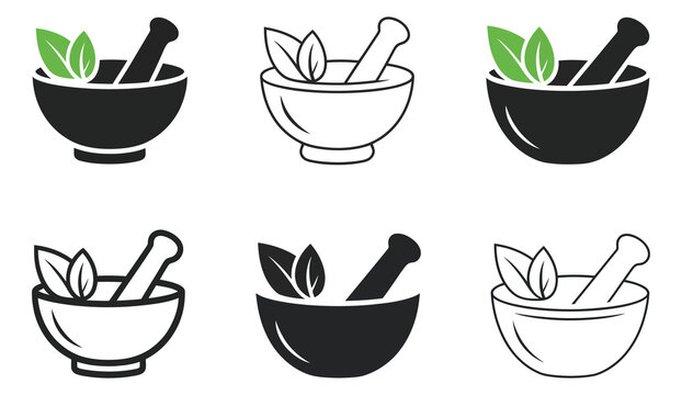 stylized herbal icon set featuring mortar and pestle with leaves for natural remedies and wellness, organic healing concept collection, natural medicine symbols for spa, apothecary branding, health ca