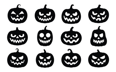 Obraz premium Halloween pumpkins with various spooky faces on white background scary black silhouettes for decoration