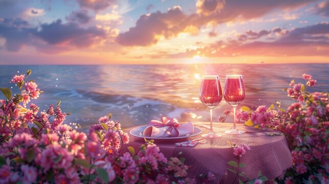 Dreamy Sunset Romance by the Ocean: An Enchanting Date with Wine, Dessert, and Blooming Pink Flowers on the Beach