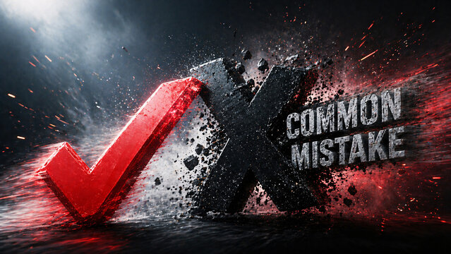 "Common Mistake" Text with Red X Mark on Dark Explodig Shattered Background