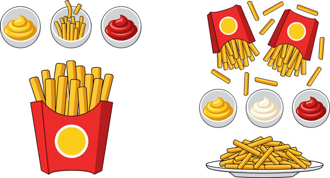 French fries vector illustration set featuring crispy fast food potatoes with ketchup mayonnaise dipping sauces and packaging in flat cartoon style isolated