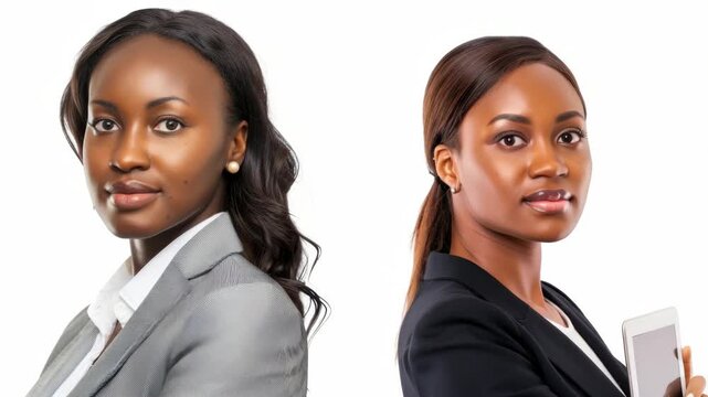 Two young women dressed in business attire, smiling at camera. One on left wears blazer with collar, other has hair pulled back into a bun. Both are standing against a neutral background