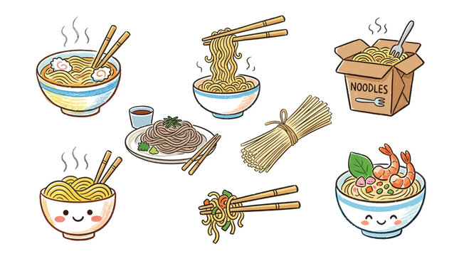 A delightful collection of kawaii-style noodle dishes, showcasing various preparations and presentations of this popular food.