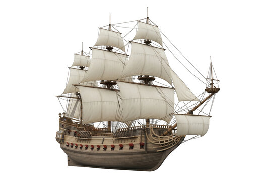 Elegant 18th century three-masted barque ship under sail