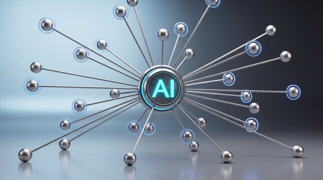 AI network hub glowing metallic node array, futuristic spherical connectors radiating from central processor conveying intelligent connectivity and innovation with cool blue lighting and reflection