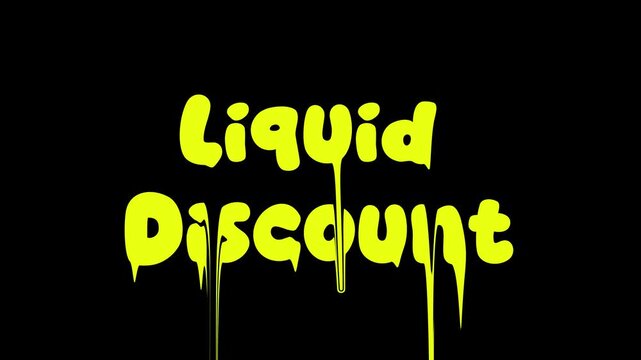 Yellow &ldquo;Liquid Discount&rdquo; text drips and flows like liquid on a black background, bold animated title perfect for sale promos, retail ads, discount campaigns and social media 3D animation