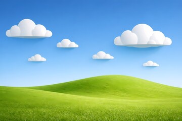 Fototapeta premium Nostalgic sunny landscape showing a bright green grass hill under a clear blue sky with fluffy white clouds. High quality nature image suitable for classic peaceful desktop wallpapers.
